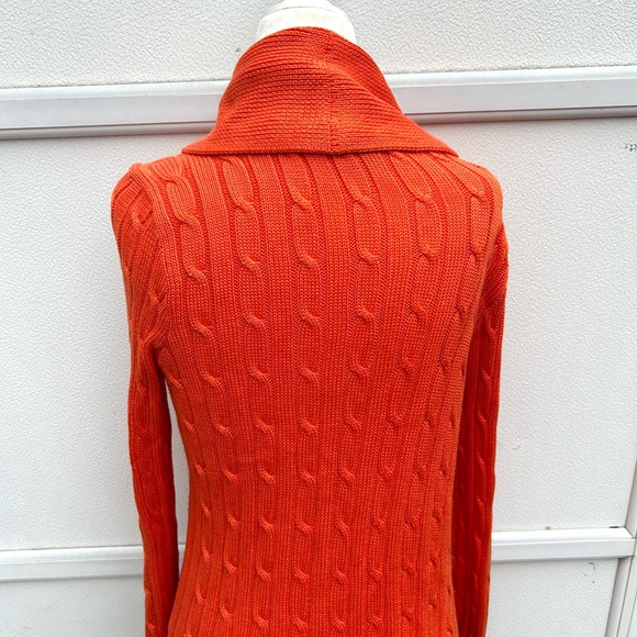 Ralph Lauren Cardigan Sweater Women M Orange Cable Knit 100% Pima Cotton Pockets - Picture 11 of 13